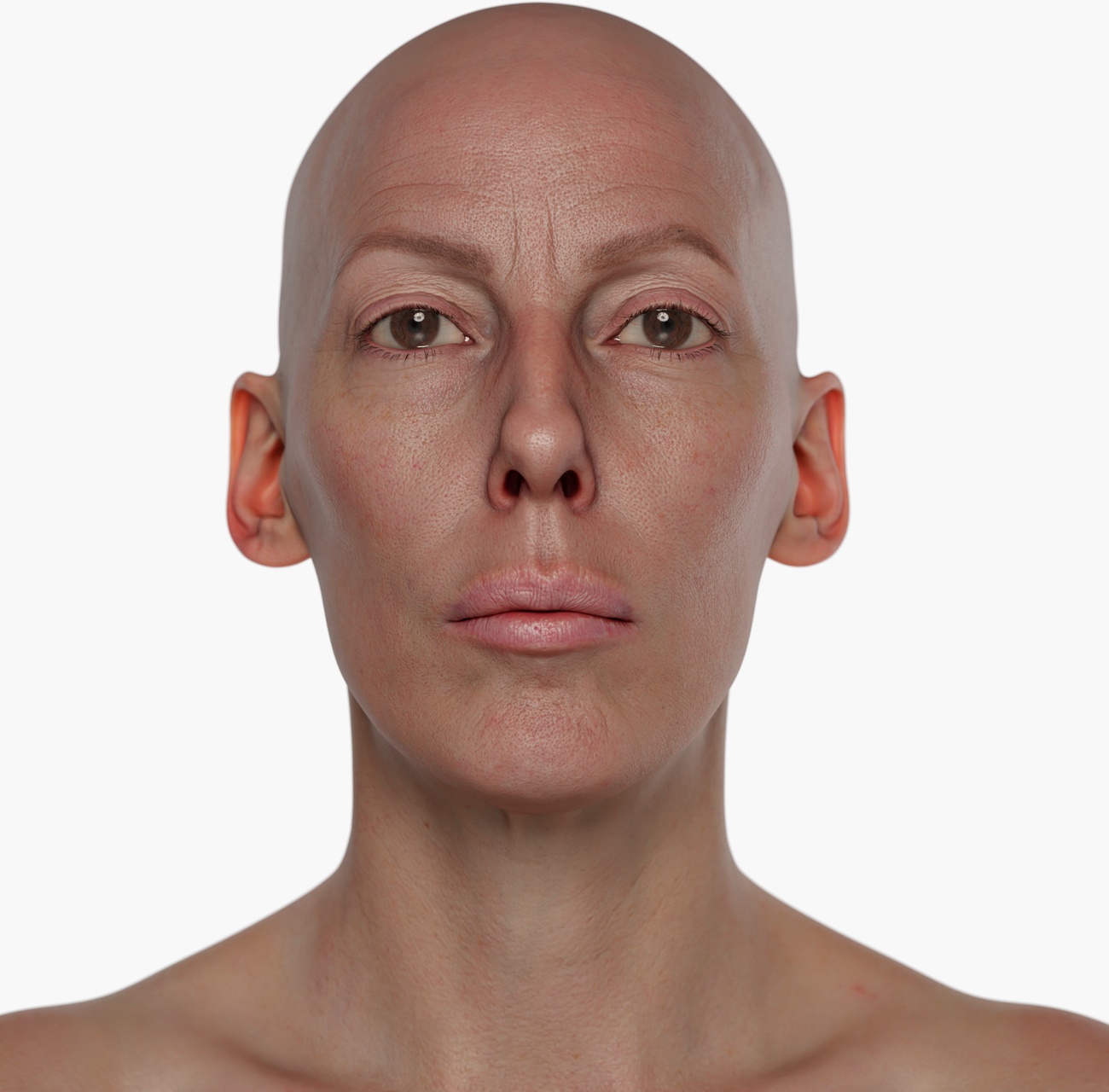 High-resolution 3D head scan of a slim female with smooth skin detail and photogrammetry-captured surface texture